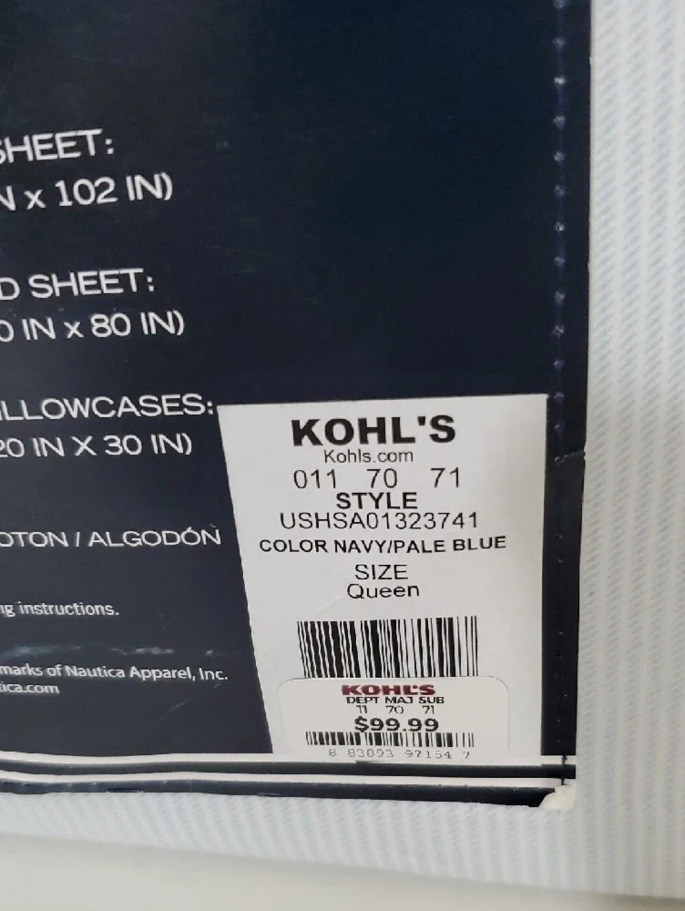Nautica Queen White Pale Blue Sheet Set with Navy Sail Motif NWT